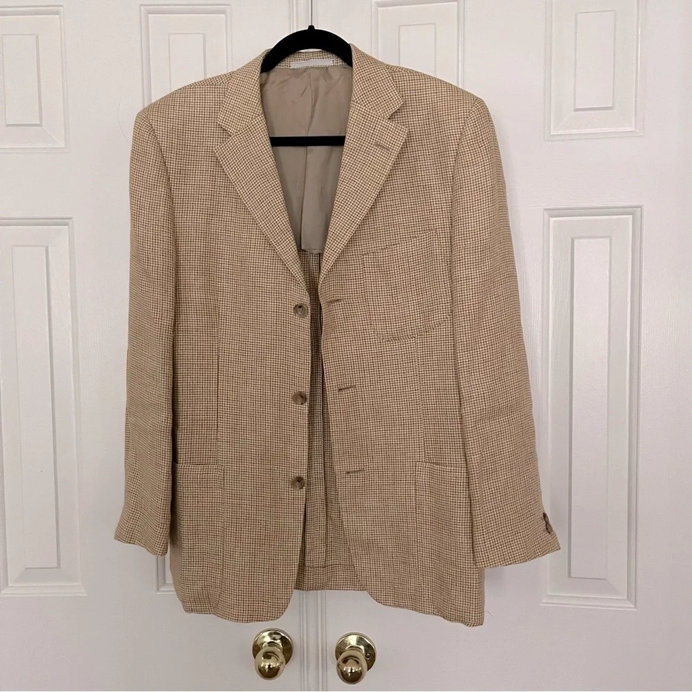 Ermenegildo Zegna Italian Linen Carmel Tan Beige Houndstooth Blazer Jacket 48R